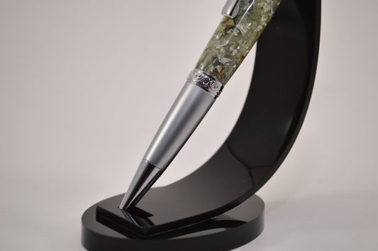 Elegant Satin Chrome and Chrome Twist Pen with Silver & Black Gilding Cast in Clear Acrylic
