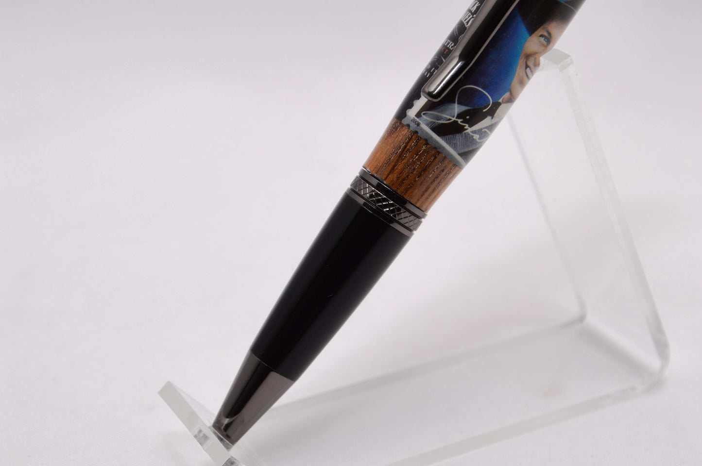 Handcrafted Twist Pen made from Whiskey Barrel and Frank Sinatra Stamp in Gunmetal & Black Chrome Finish