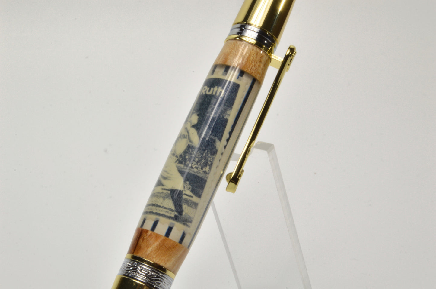 Twist Pen made with Wood from a Yankee Stadium Seat and a Babe Ruth Stamp Embedded in Acrylic