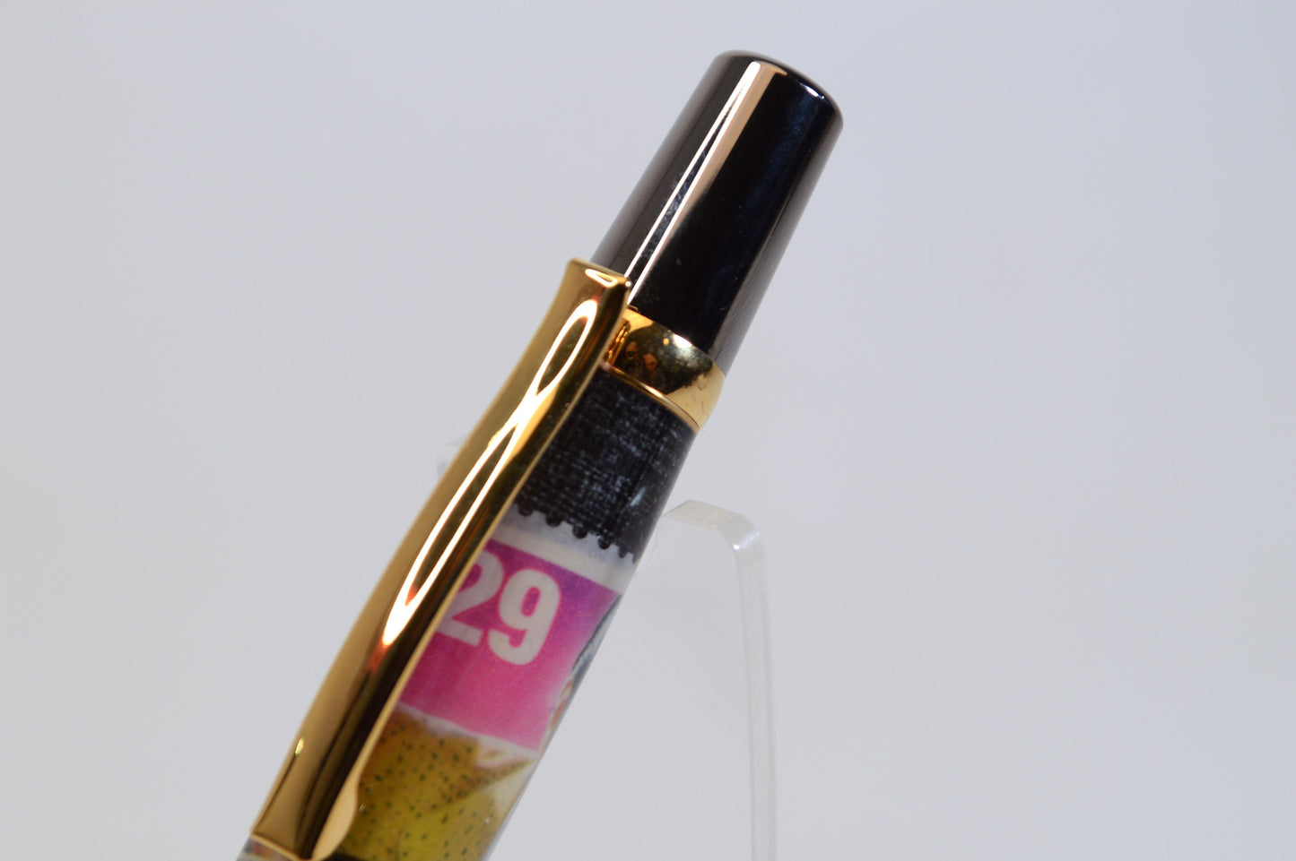 Handcrafted Pen Featuring a 1992 Elvis Stamp and a Small Swatch From an Elvis Worn Shirt Embedded in Acrylic