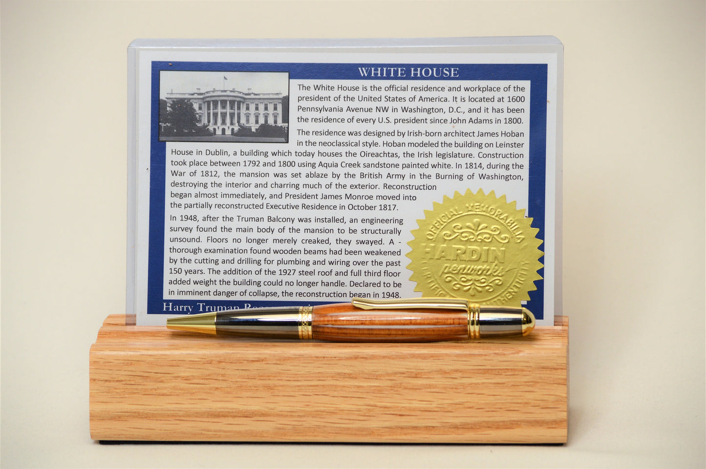 Handcrafted Gold and Black Titanium Twist Pen  From Original White House 1817 Oak Beams