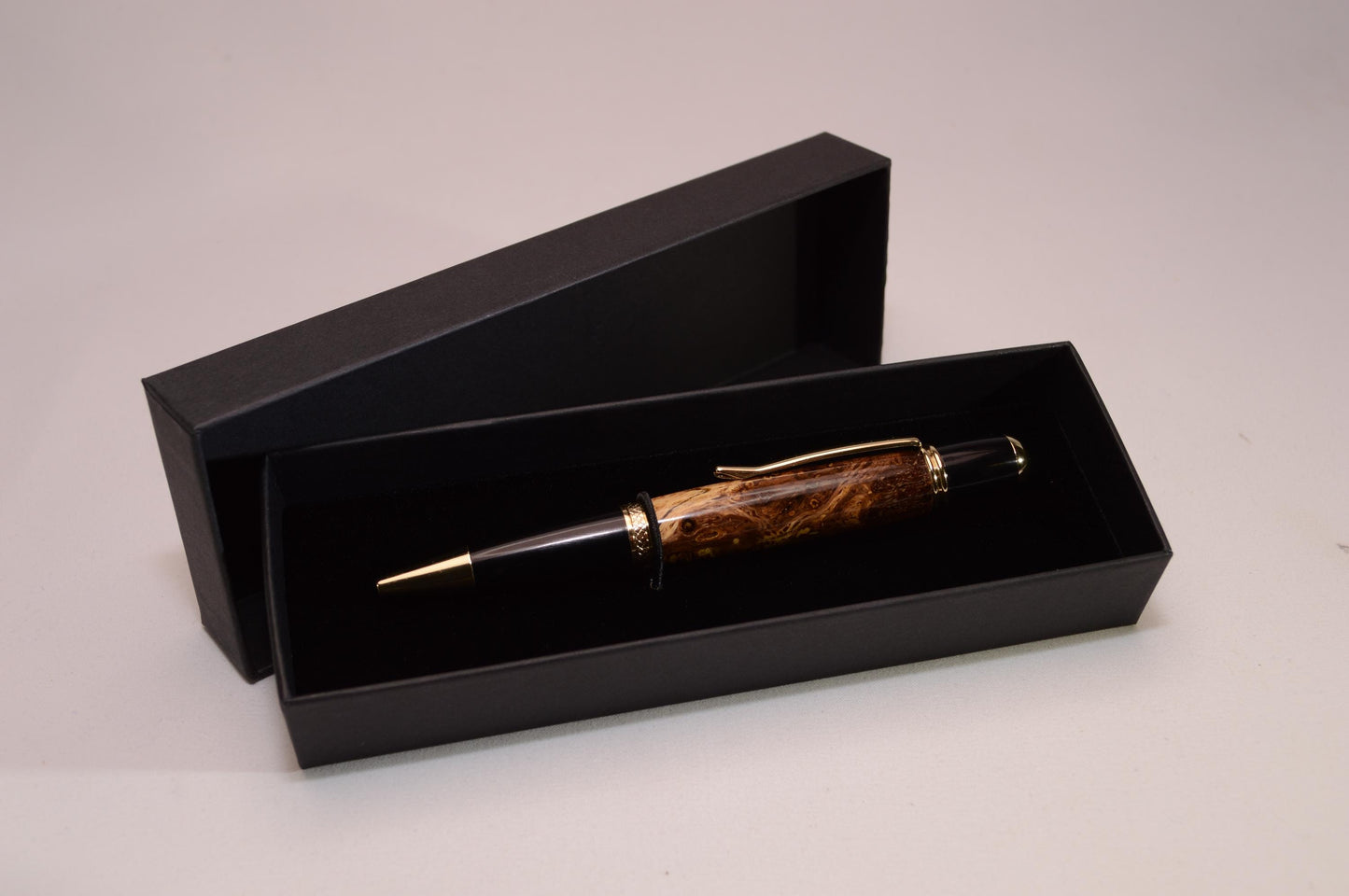 Handcrafted Spalted Oak Twist Pen with Gold and Black Chrome Finish