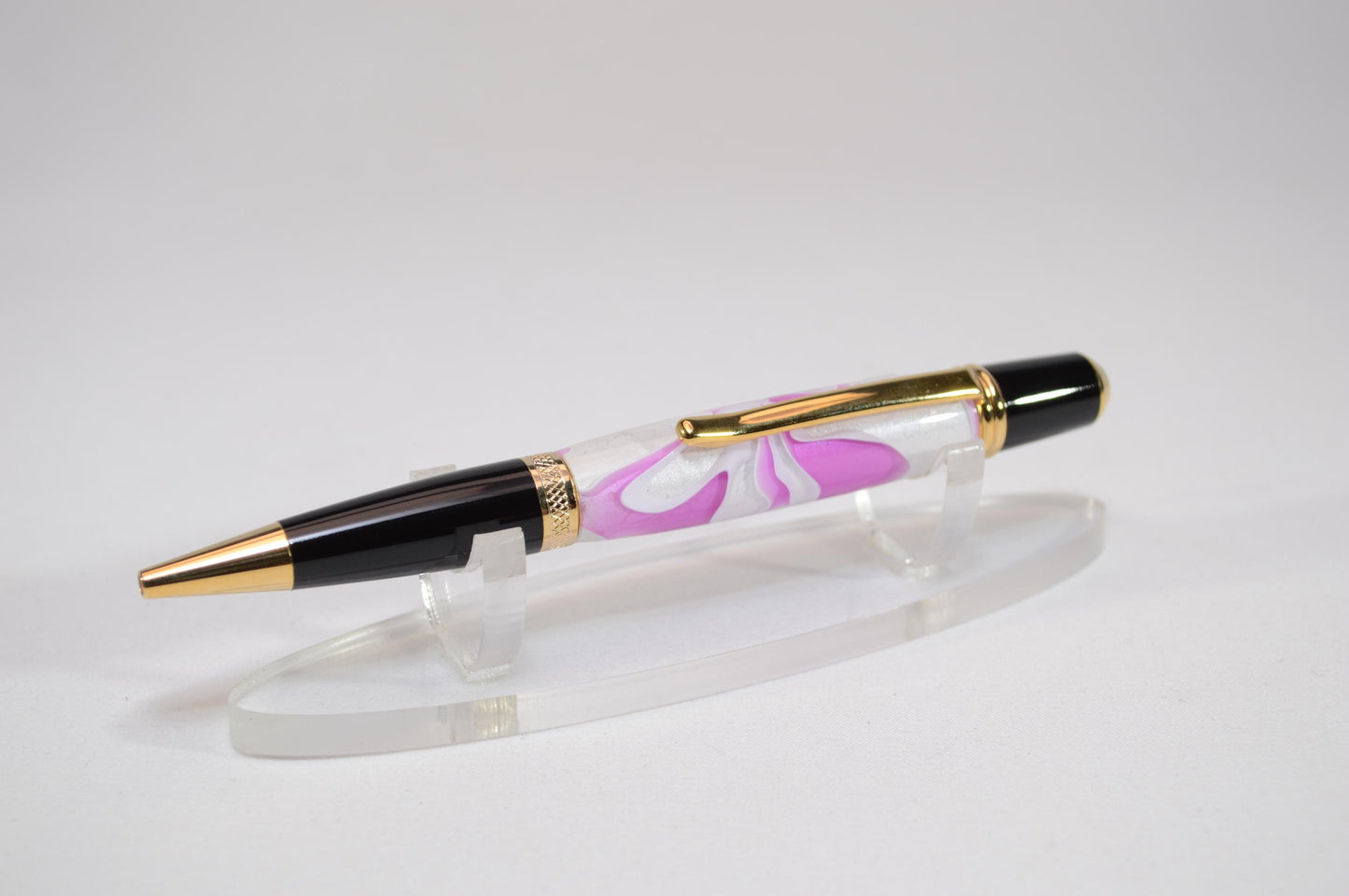 Elegant Handcrafted Twist Pen in Striking Pink/Purple and White Acrylic with Gold and Black Chrome Finish