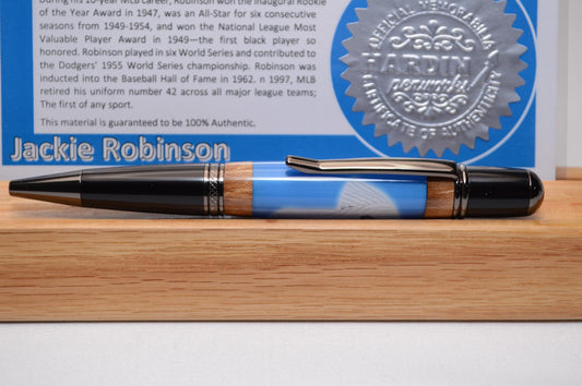 Handcrafted Pen Made With a Swatch from a Jackie Robinson Game Used Jersy and Wood from a Brooklyn Dodgers Ebbets Field Stadium Seat