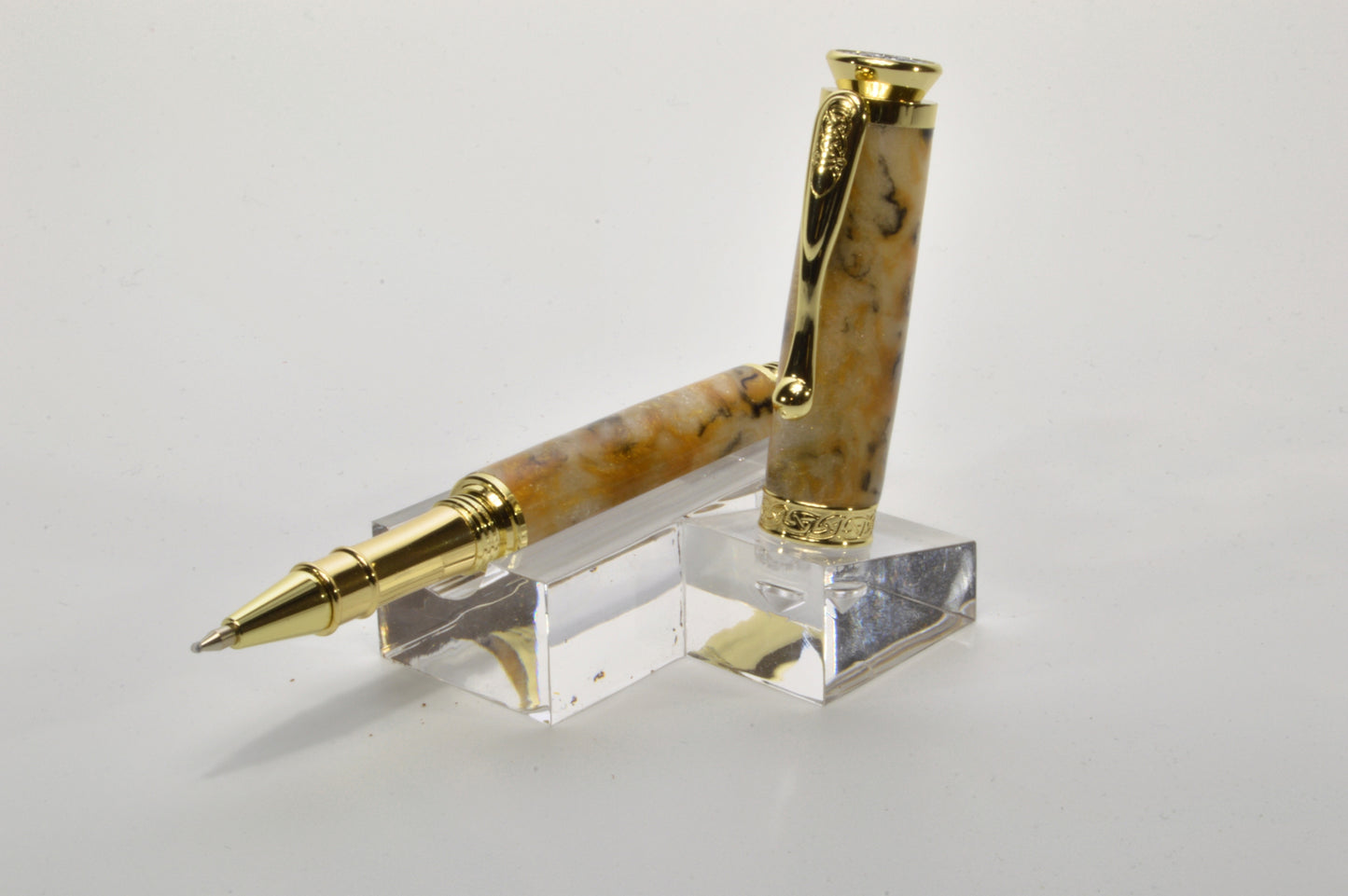 Handcrafted Rollerball Pen in Gold Finish – White, Gold & Black Acrylic Body with Wooden Display Case