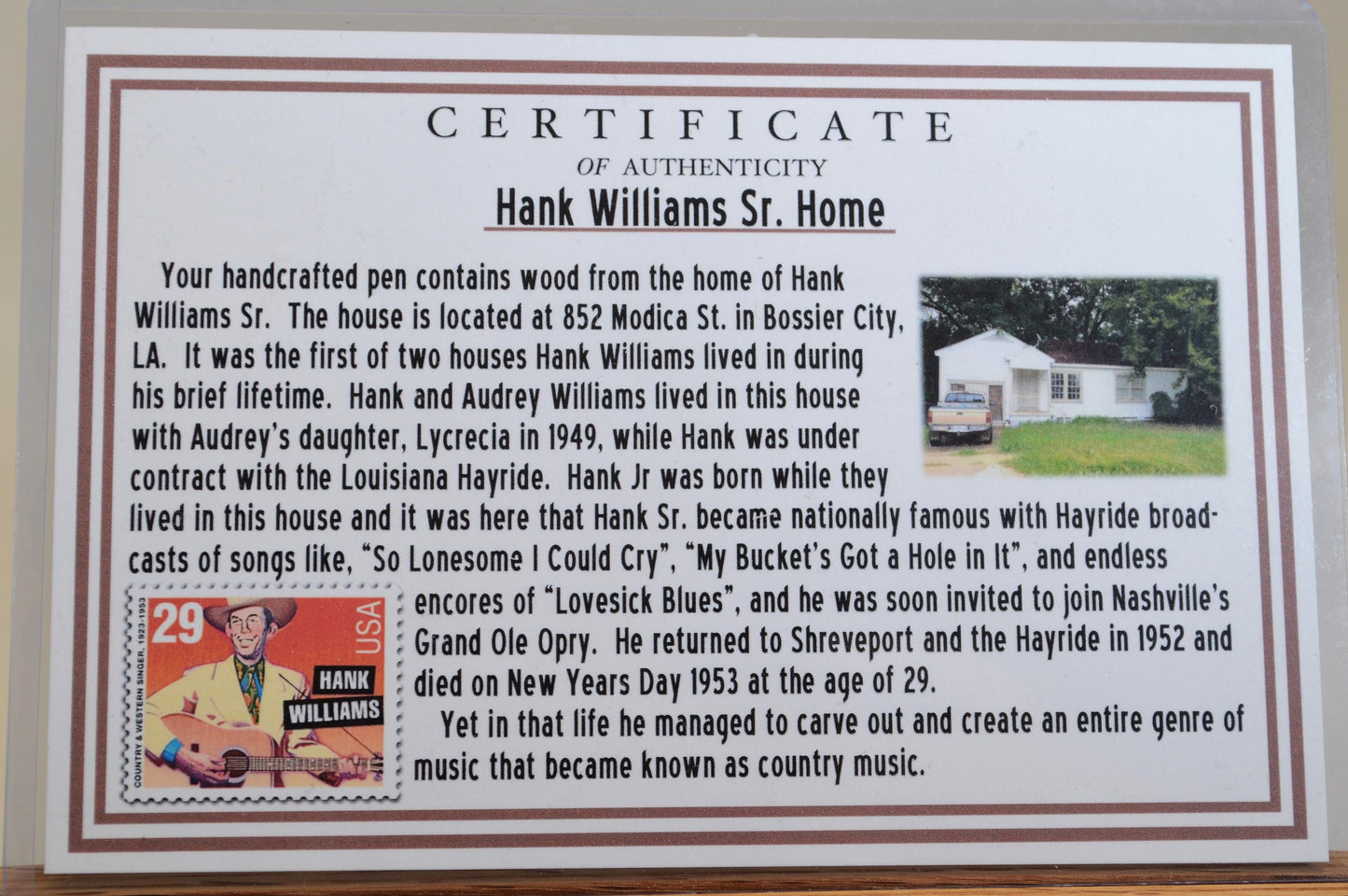 Handcrafted Pen Featuring a Hank Williams Postage Stamp and Wood from Hank Williams Bosier City, LA home cast in acrylic.