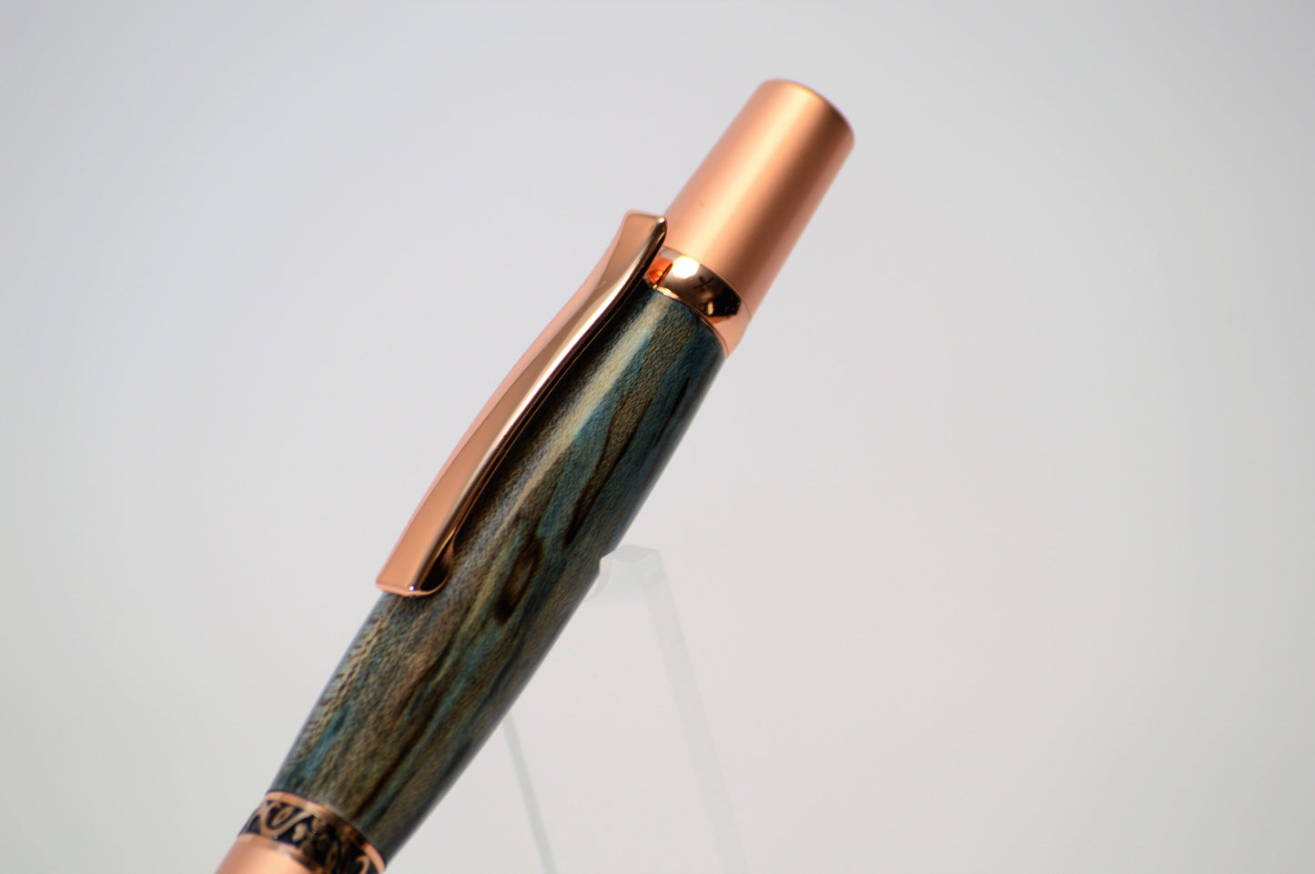 Elegant Twist Pen in Two Tone Copper with Handcrafted Dyed Spalted Oak Body.