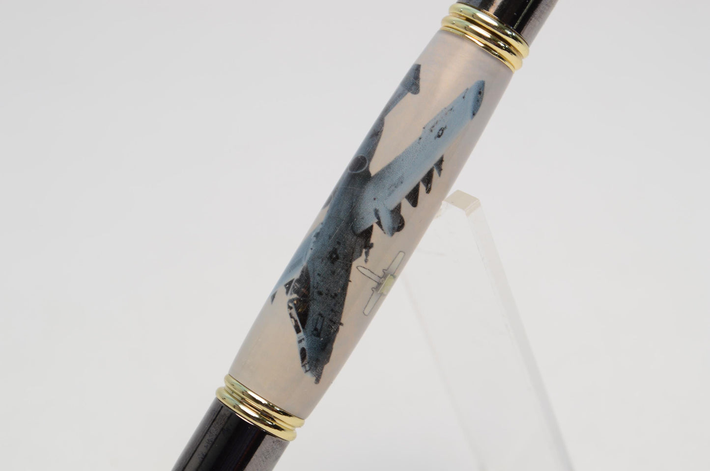 Handcrafted Twist Pen Made With a Small Piece of Aluminum From an A10 Warthog cast in acrylic.