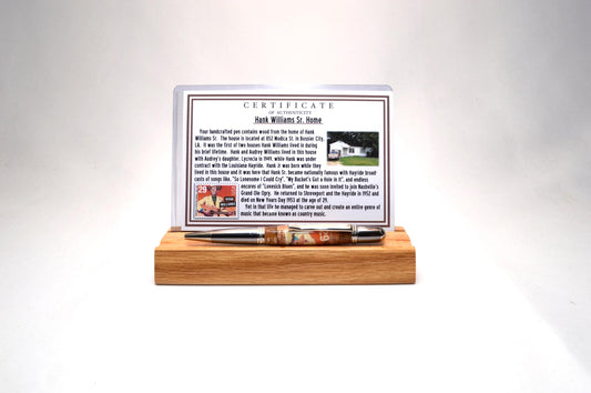 Handcrafted Pen Featuring a Hank Williams Postage Stamp and Wood from Hank Williams Bosier City, LA home cast in acrylic.