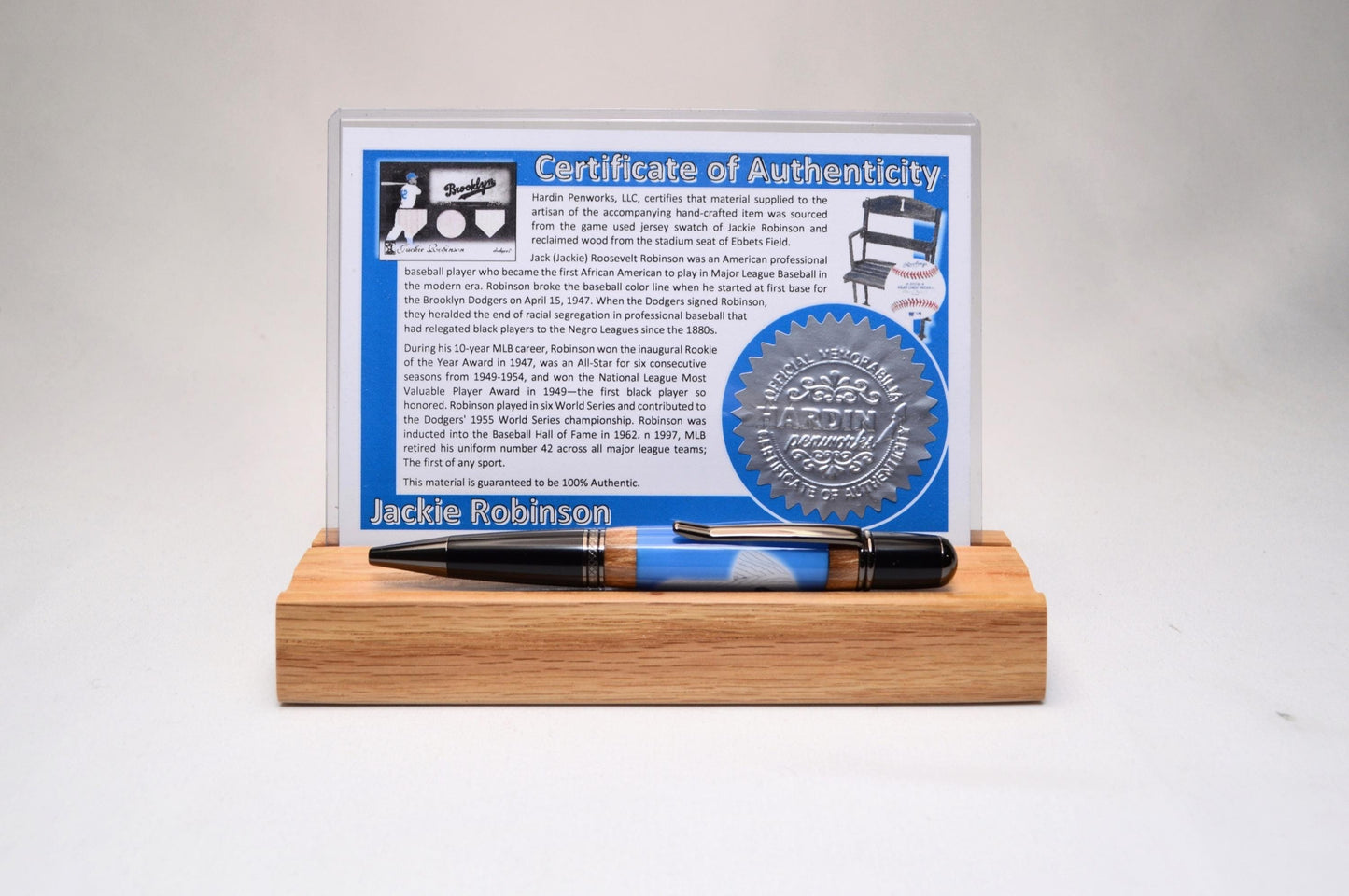 Handcrafted Pen Made With a Swatch from a Jackie Robinson Game Used Jersy and Wood from a Brooklyn Dodgers Ebbets Field Stadium Seat