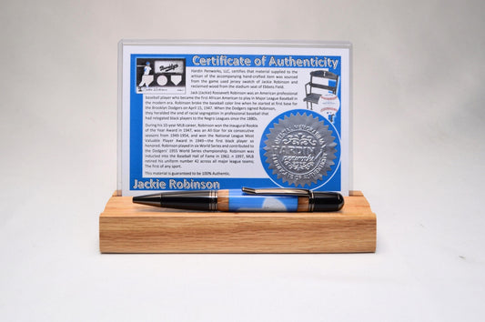 Handcrafted Pen Made With a Swatch from a Jackie Robinson Game Used Jersy and Wood from a Brooklyn Dodgers Ebbets Field Stadium Seat