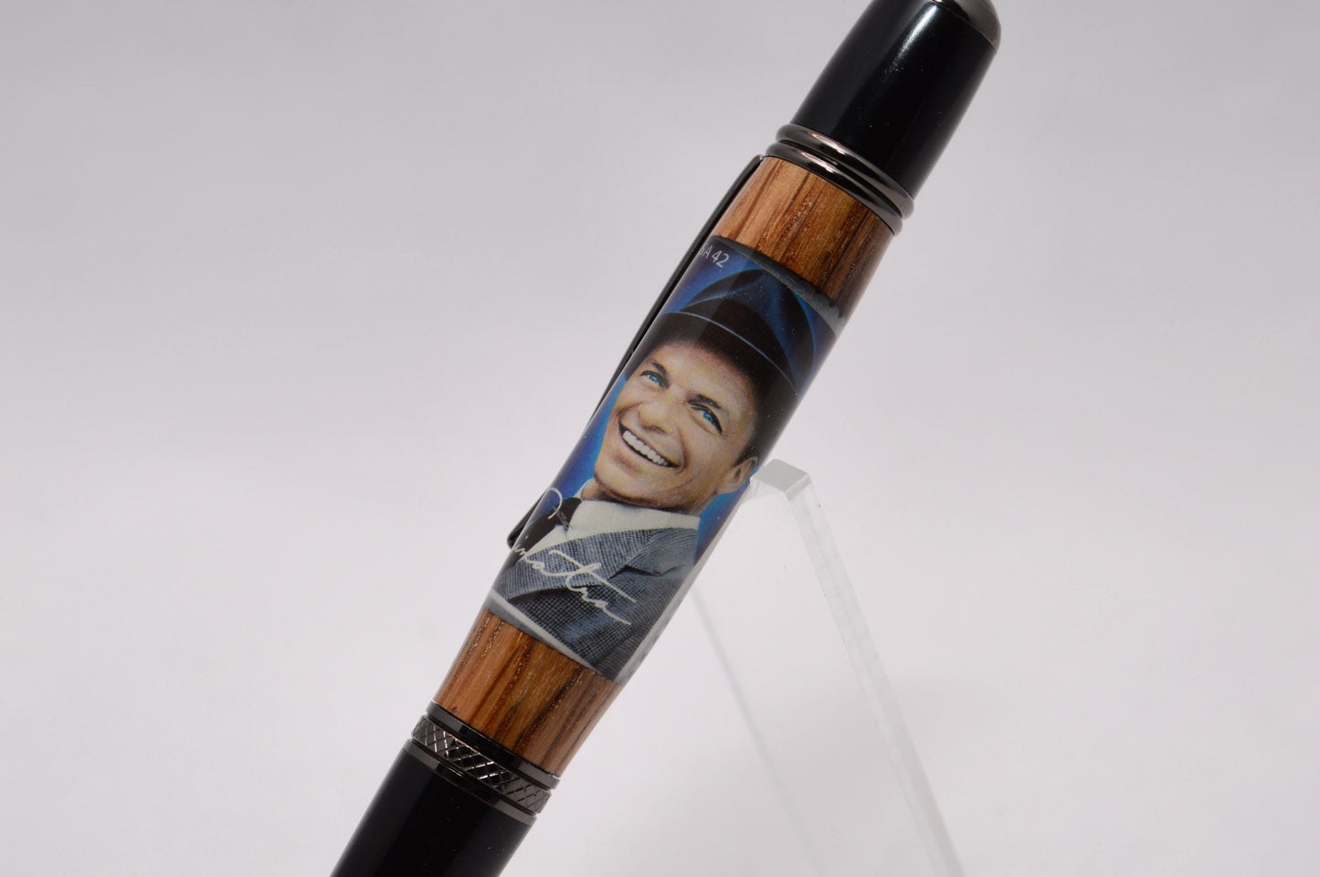 Handcrafted Twist Pen made from Whiskey Barrel and Frank Sinatra Stamp in Gunmetal & Black Chrome Finish