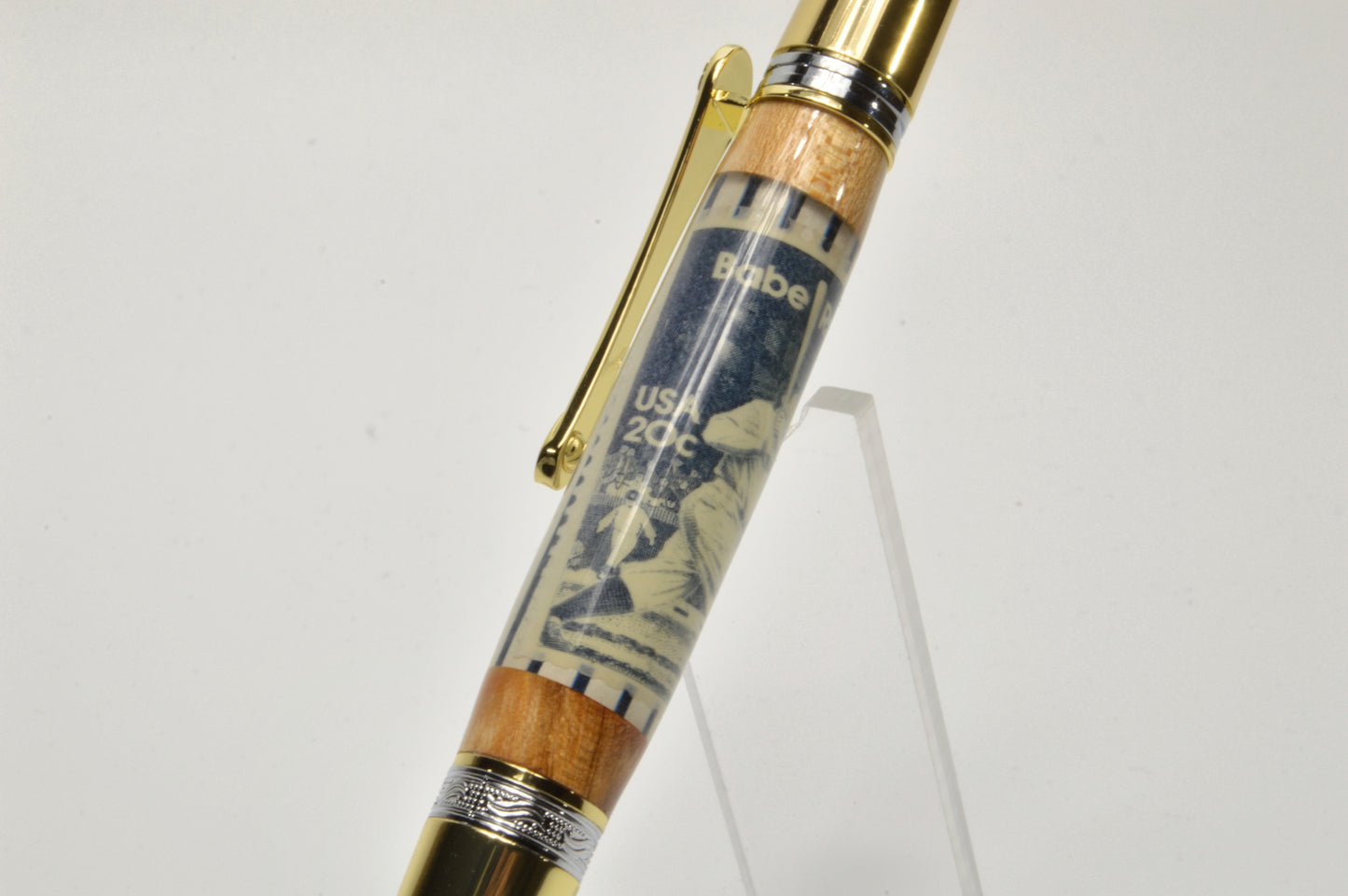 Twist Pen made with Wood from a Yankee Stadium Seat and a Babe Ruth Stamp Embedded in Acrylic