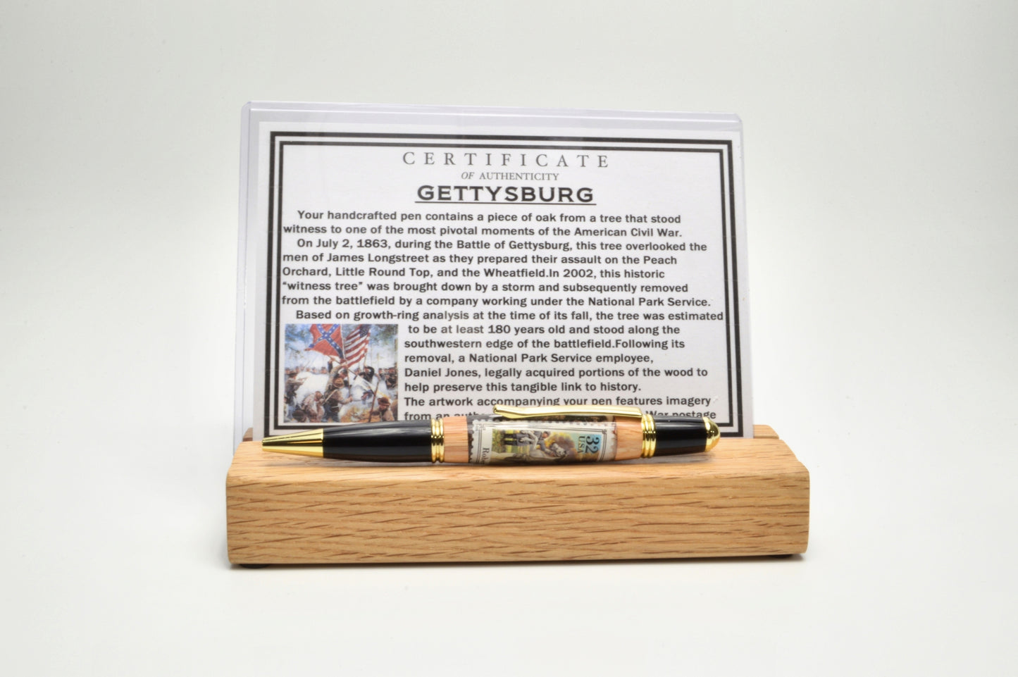 Handcrafted Gettysburg Twist Pen Made With a General Lee U.S. Stamp and Witness Wood in Gold and Black Chrome Finish