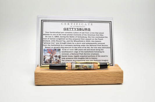 Handcrafted Gettysburg Twist Pen Made With a General Lee U.S. Stamp and Witness Wood in Gold and Black Chrome Finish
