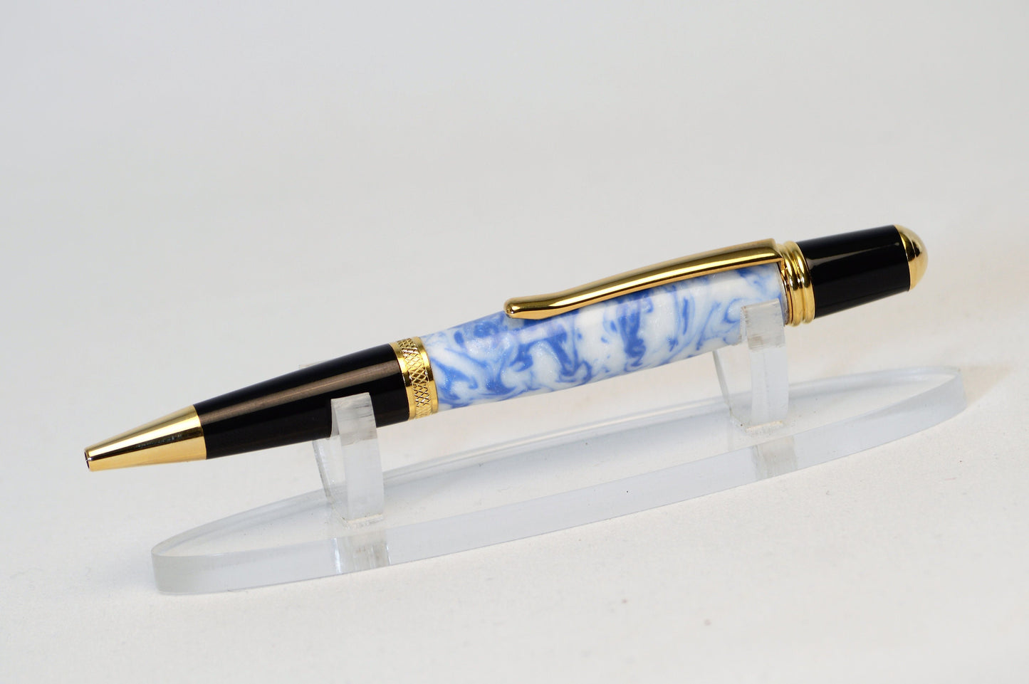 One of a Kind Classic Twist Pen in Gold and Black Chrome with Handcrafted White and Blue Acrylic Body