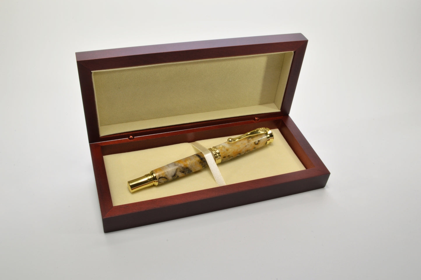 Handcrafted Rollerball Pen in Gold Finish – White, Gold & Black Acrylic Body with Wooden Display Case