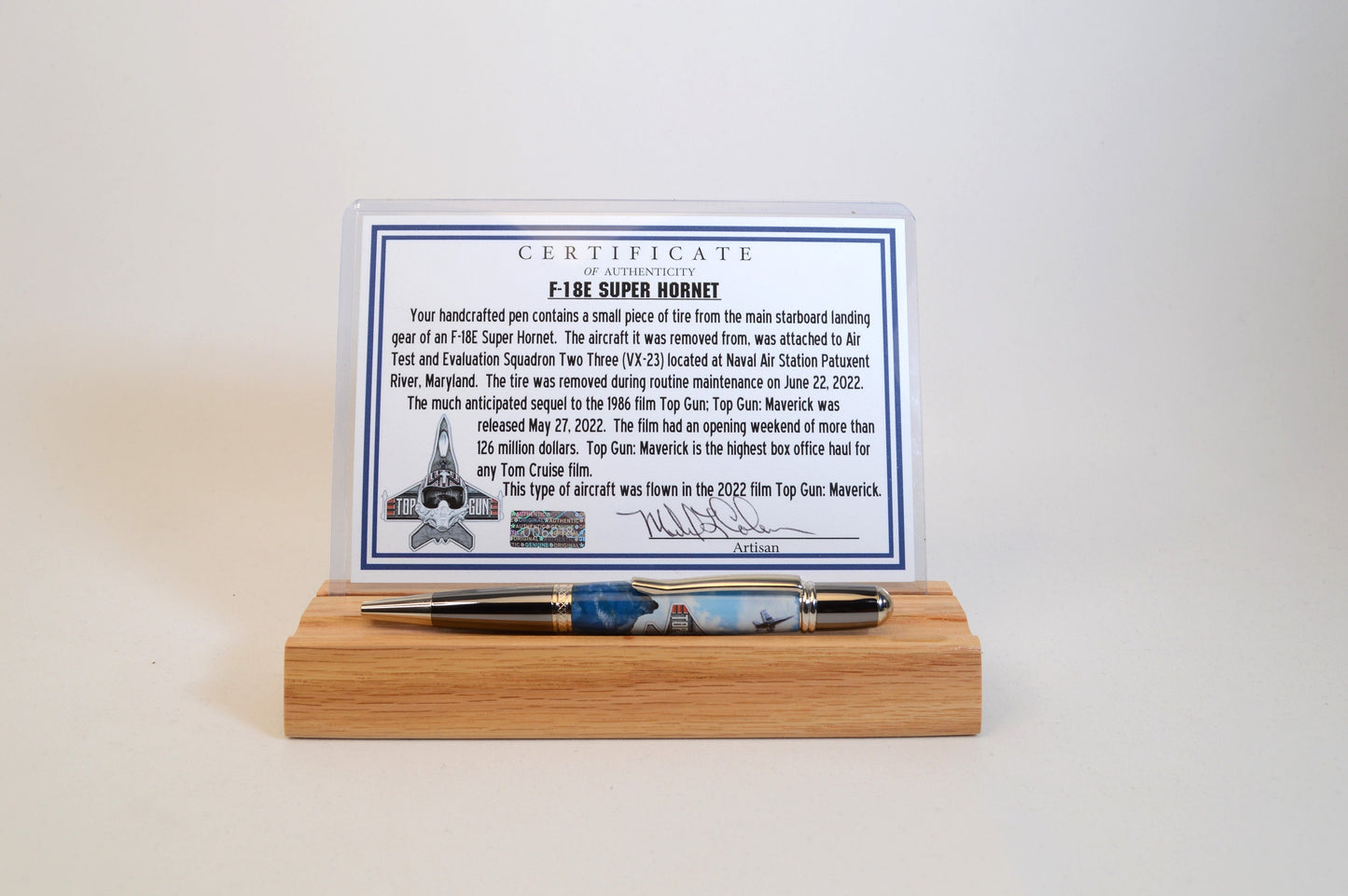 Handcrafted F-18 Super Hornet Twist Pen Featuring a Piece of Genuine F-18 Tire in Cast in Acrylic