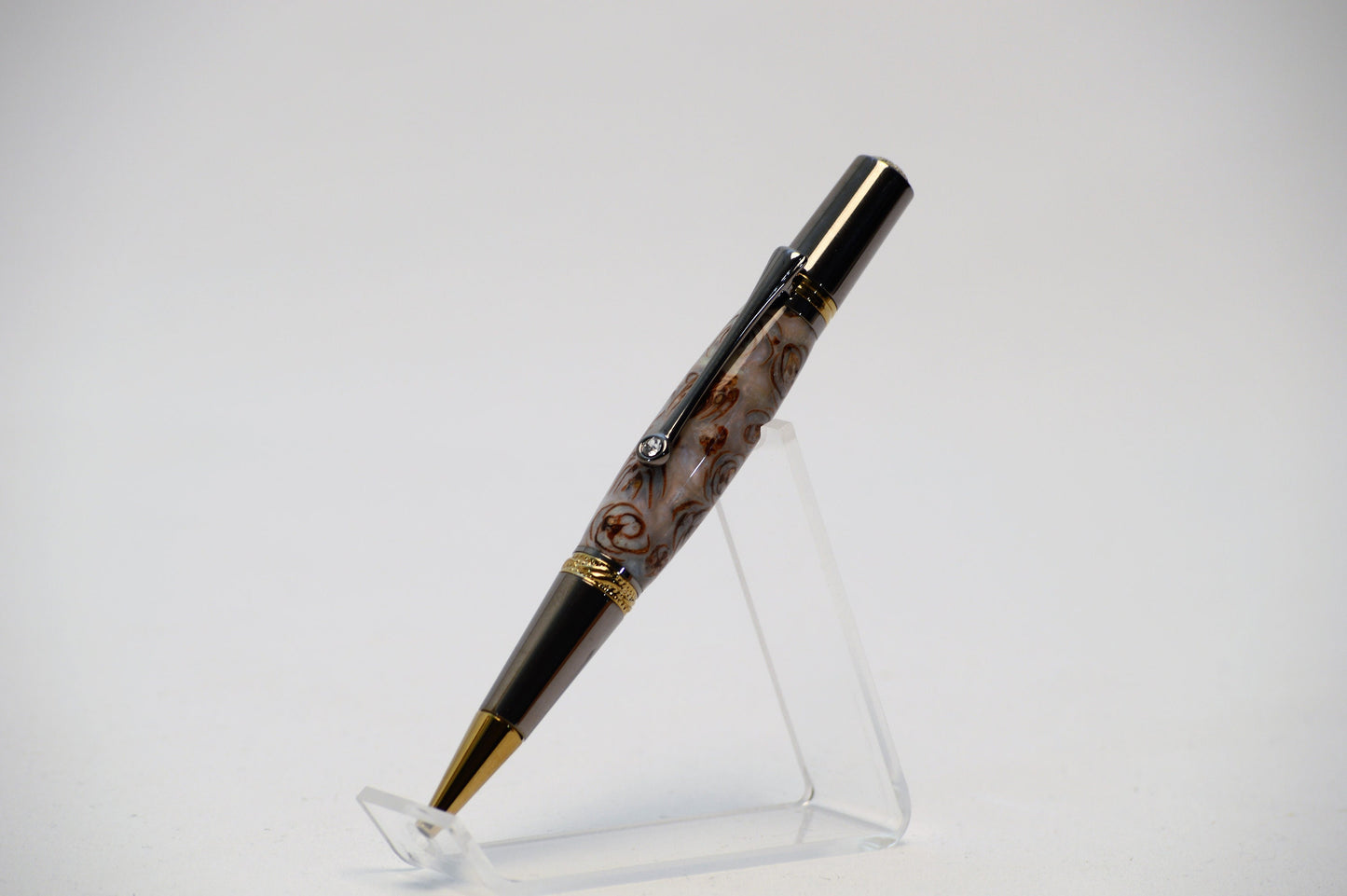 Majestic Squire Twist Pen in Gold Titanium and Black Titanium with Swarovski Crystal with Handcrafted Acrylic and Mini Pine Cone Body.