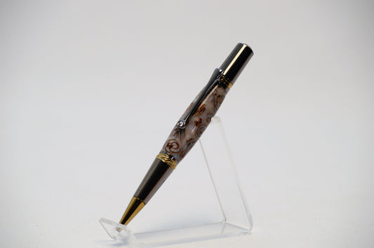 Majestic Squire Twist Pen in Gold Titanium and Black Titanium with Swarovski Crystal with Handcrafted Acrylic and Mini Pine Cone Body.