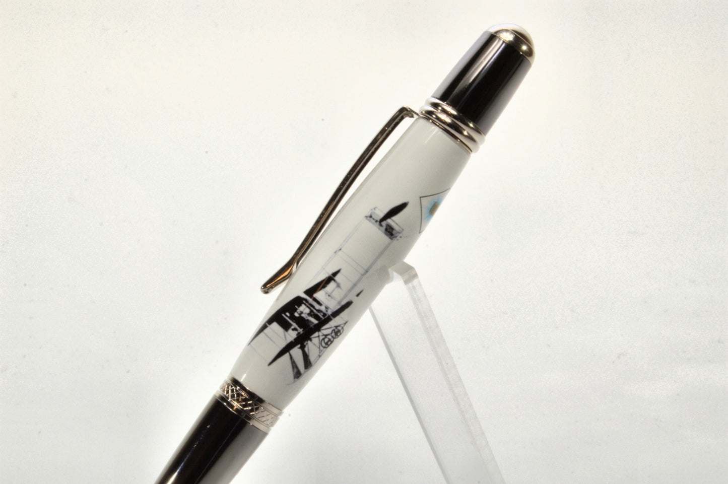 Acrylic Twist Pen Embedded with a Small Piece of Wright Brothers Vin Fiz Flyer Fabric – Platinum & Black Titanium Finish