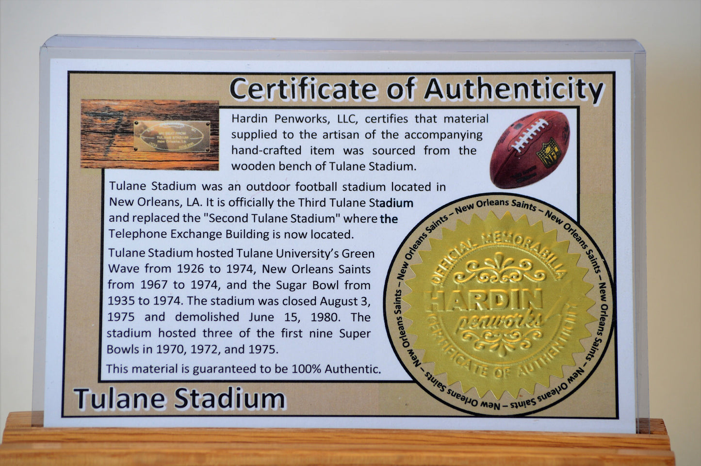 Handcrafted Pen Made From New Orleans Saints Tulane Stadium Wooden Stadium Seat