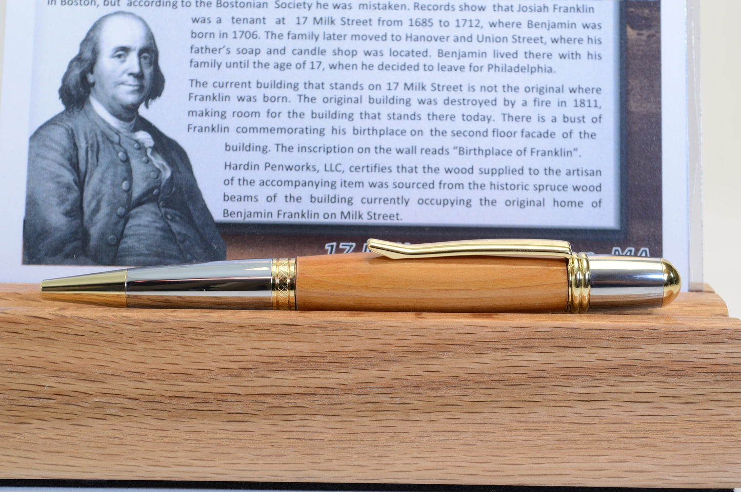 Handcrafted Elegant Twist Pen Made with Wood From the House at the Site of Franklins Birthplace.