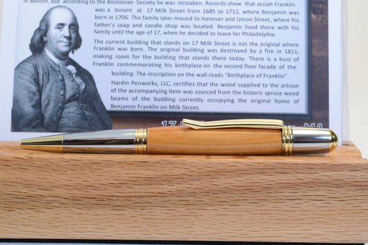 Handcrafted Elegant Twist Pen Made with Wood From the House at the Site of Franklins Birthplace.