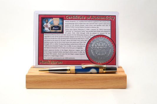 Handcrafted Pen Made With A Hank Aaron Game Used Jersey Swatch & Fulton County Stadium Seat Wood