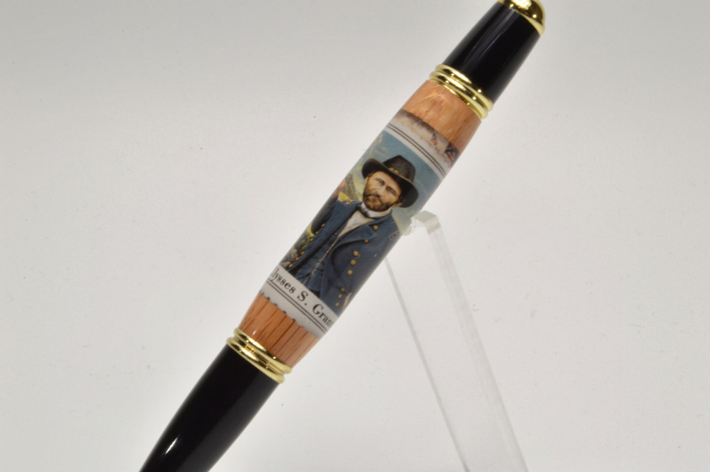 Handcrafted Gettysburg Twist Pen Made With a General Grant U.S. Stamp and Witness Wood in Gold and Black Chrome Finish