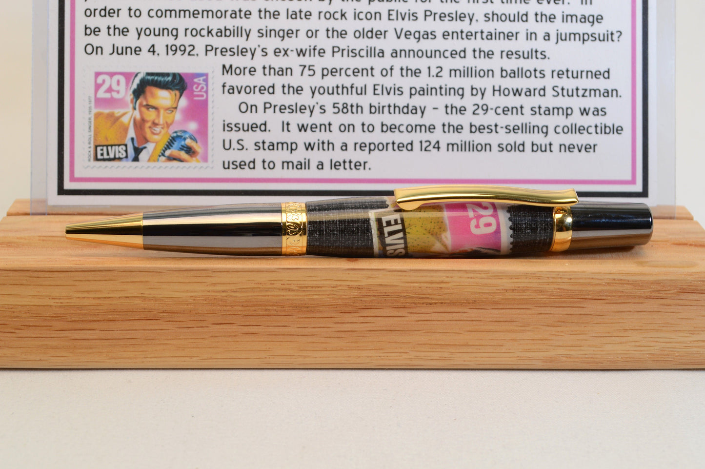 Handcrafted Pen Featuring a 1992 Elvis Stamp and a Small Swatch From an Elvis Worn Shirt Embedded in Acrylic
