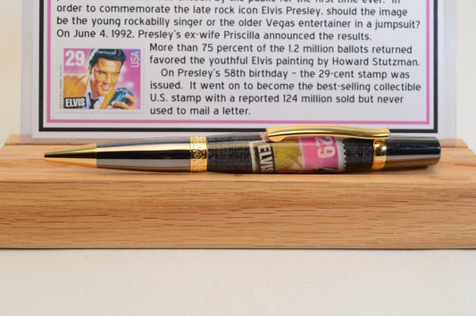 Handcrafted Pen Featuring a 1992 Elvis Stamp and a Small Swatch From an Elvis Worn Shirt Embedded in Acrylic