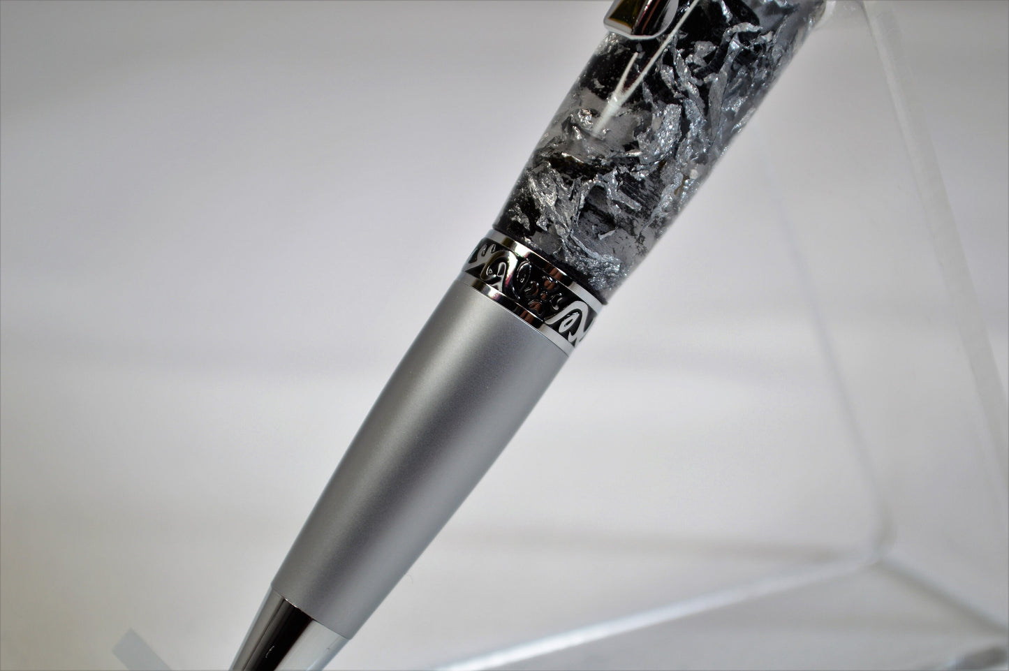Elegant Satin Chrome and Chrome Twist Pen with Silver & Black Gilding Cast in Clear Acrylic