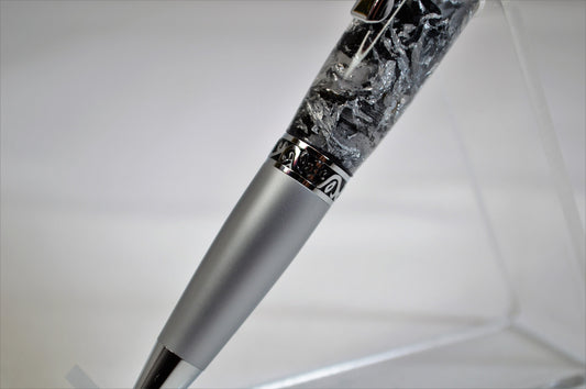 Elegant Satin Chrome and Chrome Twist Pen with Silver & Black Gilding Cast in Clear Acrylic