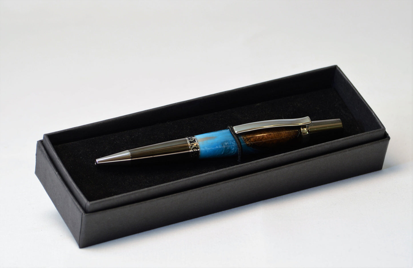 One of a Kind Elegant Twist Pen in Platinum and Black Titanium with Handcrafted Acrylic and North Georgia Walnut Body.