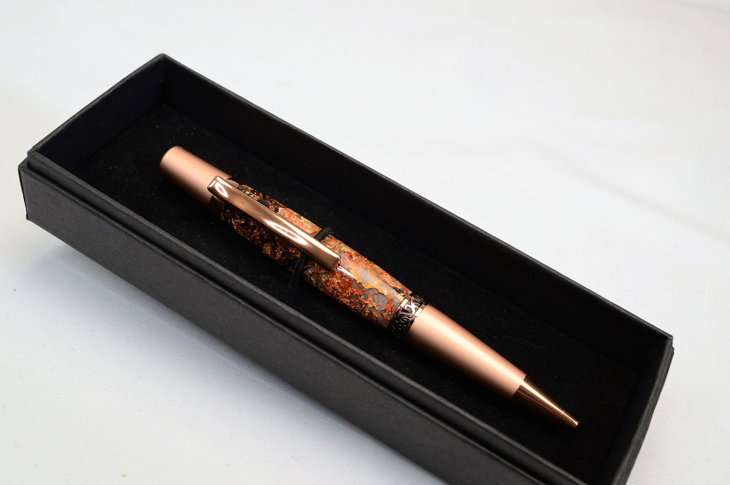 Elegant Two-Tone Copper Twist Pen with Copper, Gold, & Black Gilding Cast in Clear Acrylic