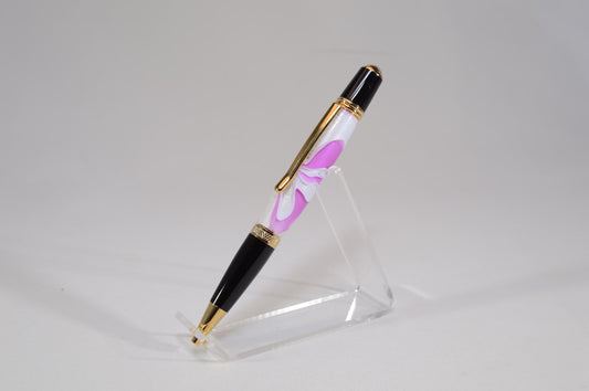 Elegant Handcrafted Twist Pen in Striking Pink/Purple and White Acrylic with Gold and Black Chrome Finish