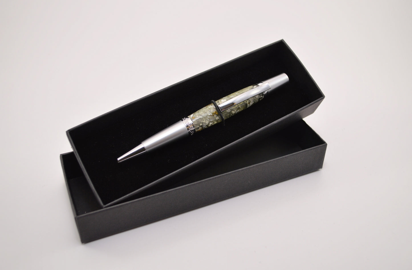 Elegant Satin Chrome and Chrome Twist Pen with Silver & Black Gilding Cast in Clear Acrylic