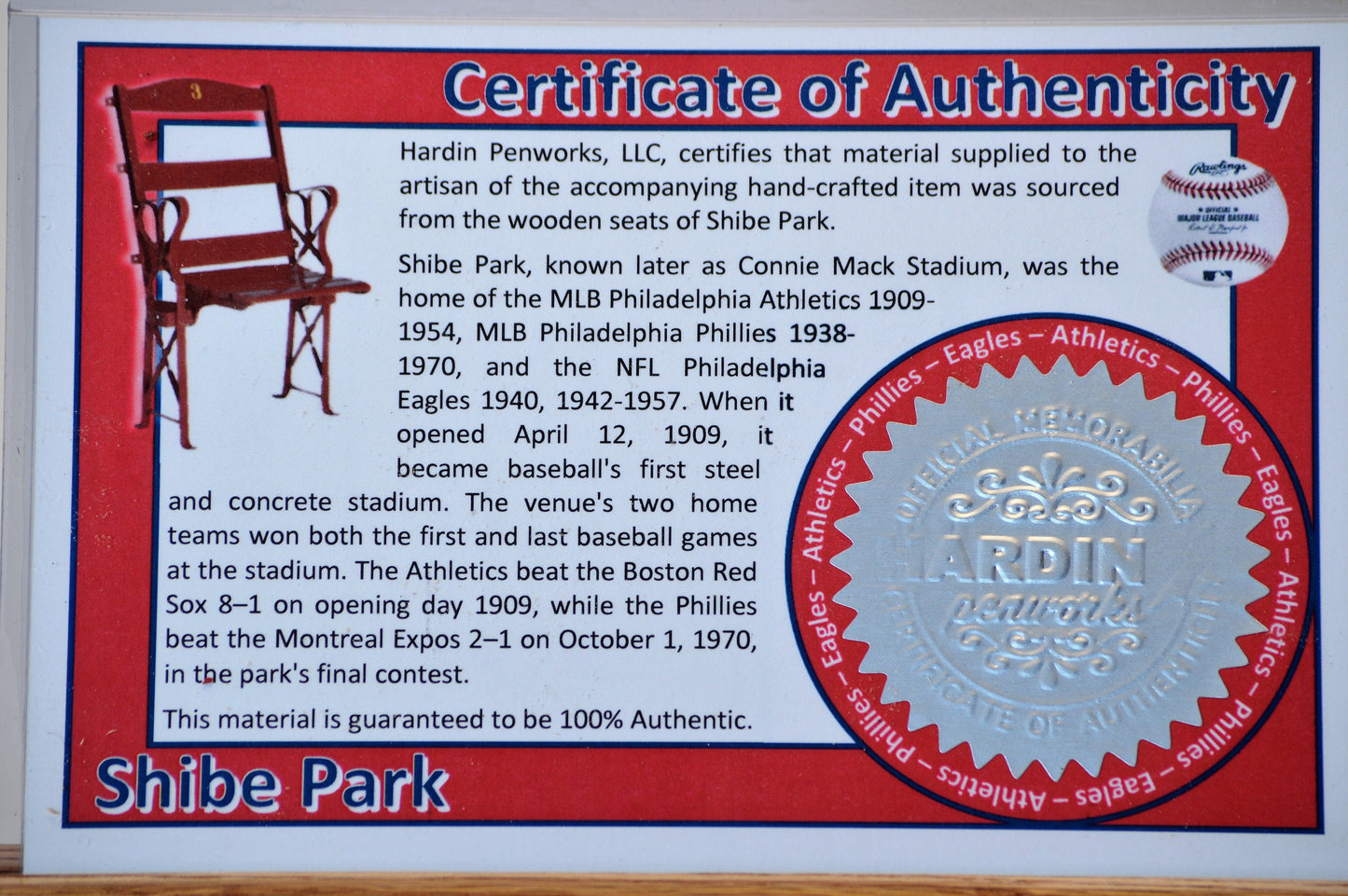 Handcrafted Pen Made From Philadelphia Eagles' and Phillies' Shibe Park Wooden Stadium Seat