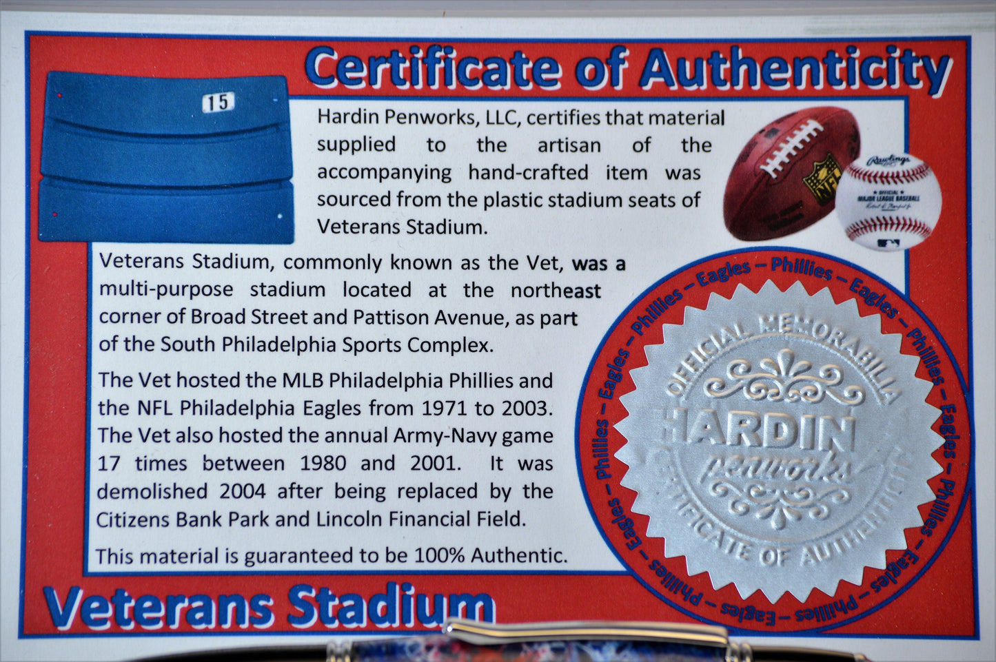 Handcrafted Pen Made From Philadelphia Eagles and Philadelphia Phillies Veterans Stadium Plastic Stadium Seats