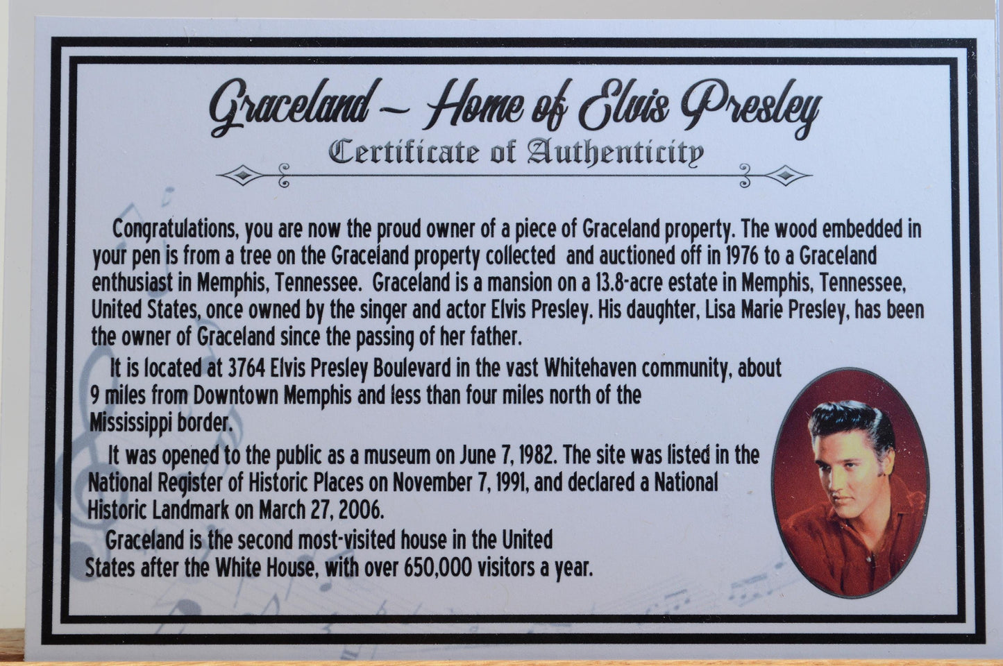 Handcrafted Pen Made with a Small Piece of Wood from a Tree on Elvis' Graceland Property