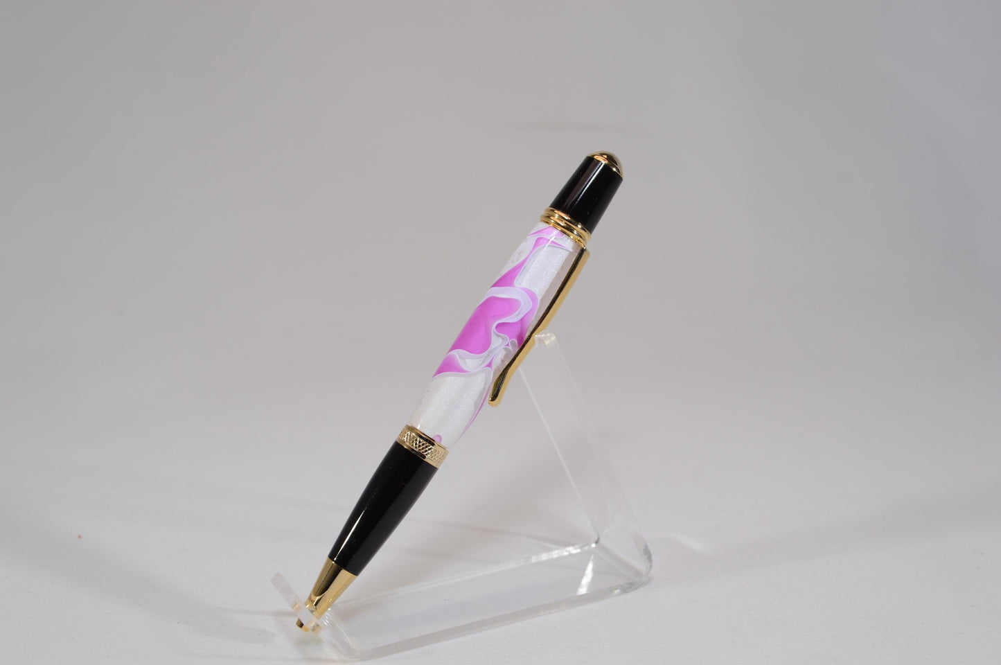 Elegant Handcrafted Twist Pen in Striking Pink/Purple and White Acrylic with Gold and Black Chrome Finish