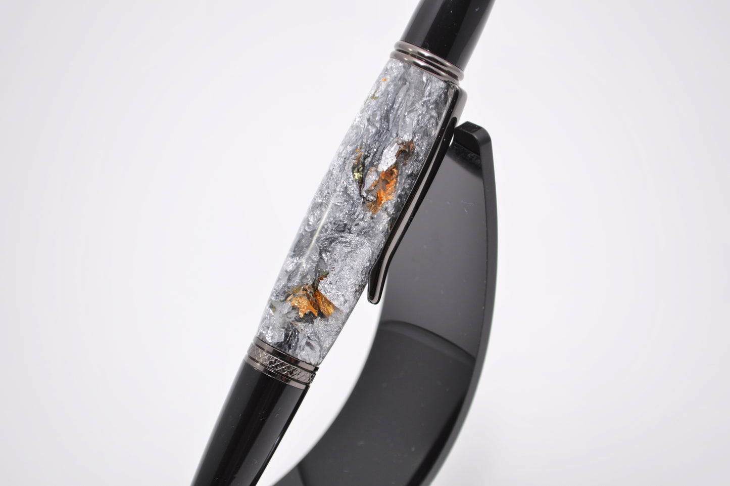 Elegant Satin Chrome and Chrome Twist Pen with Silver & Black Gilding Cast in Clear Acrylic