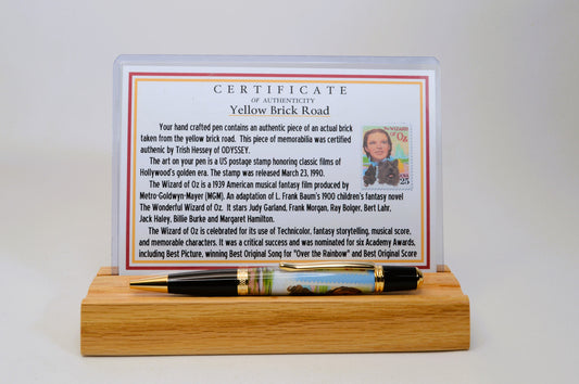Handcrafted Pen Featuring a Wizard of Oz US Postage Stamp and Actual Yellow Brick Road Brick Fragment