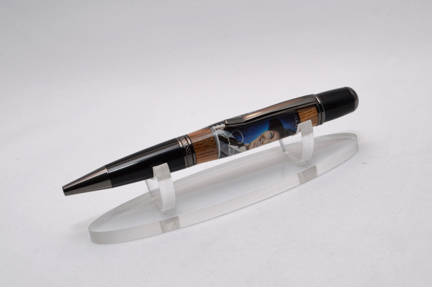 Handcrafted Twist Pen made from Whiskey Barrel and Frank Sinatra Stamp in Gunmetal & Black Chrome Finish