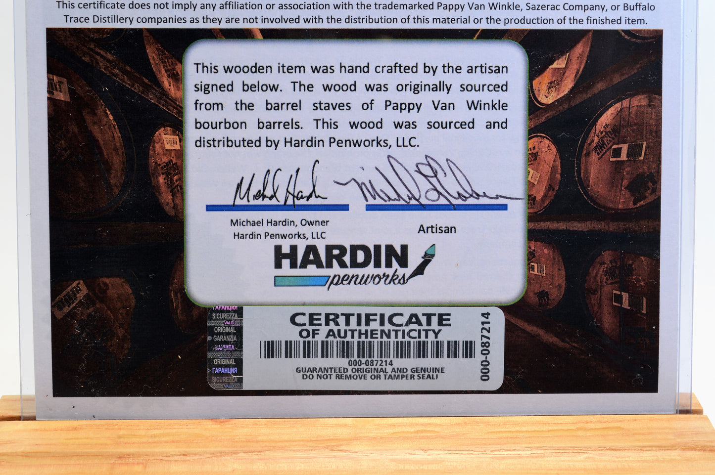 Handcrafted Pappy Van Winkle Barrel Wood and Pappy Van Winkle Cigar Label Twist Pen