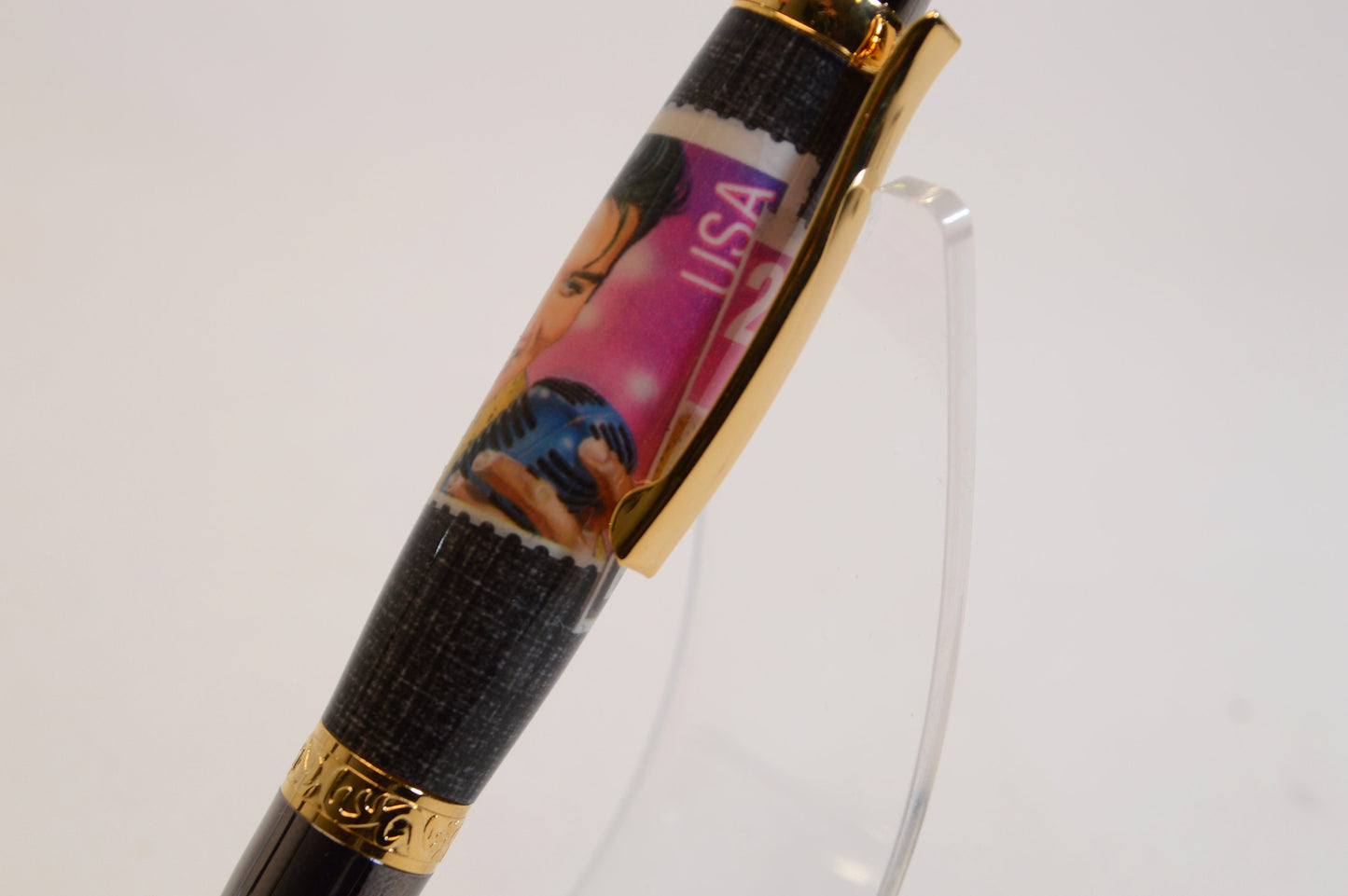 Handcrafted Pen Featuring a 1992 Elvis Stamp and a Small Swatch From an Elvis Worn Shirt Embedded in Acrylic