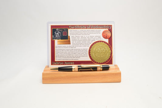 Handcrafted Pen Made With a Swatch From A Lebron James Game Used Jersey and Wood From Quicken Loans Arena Floor