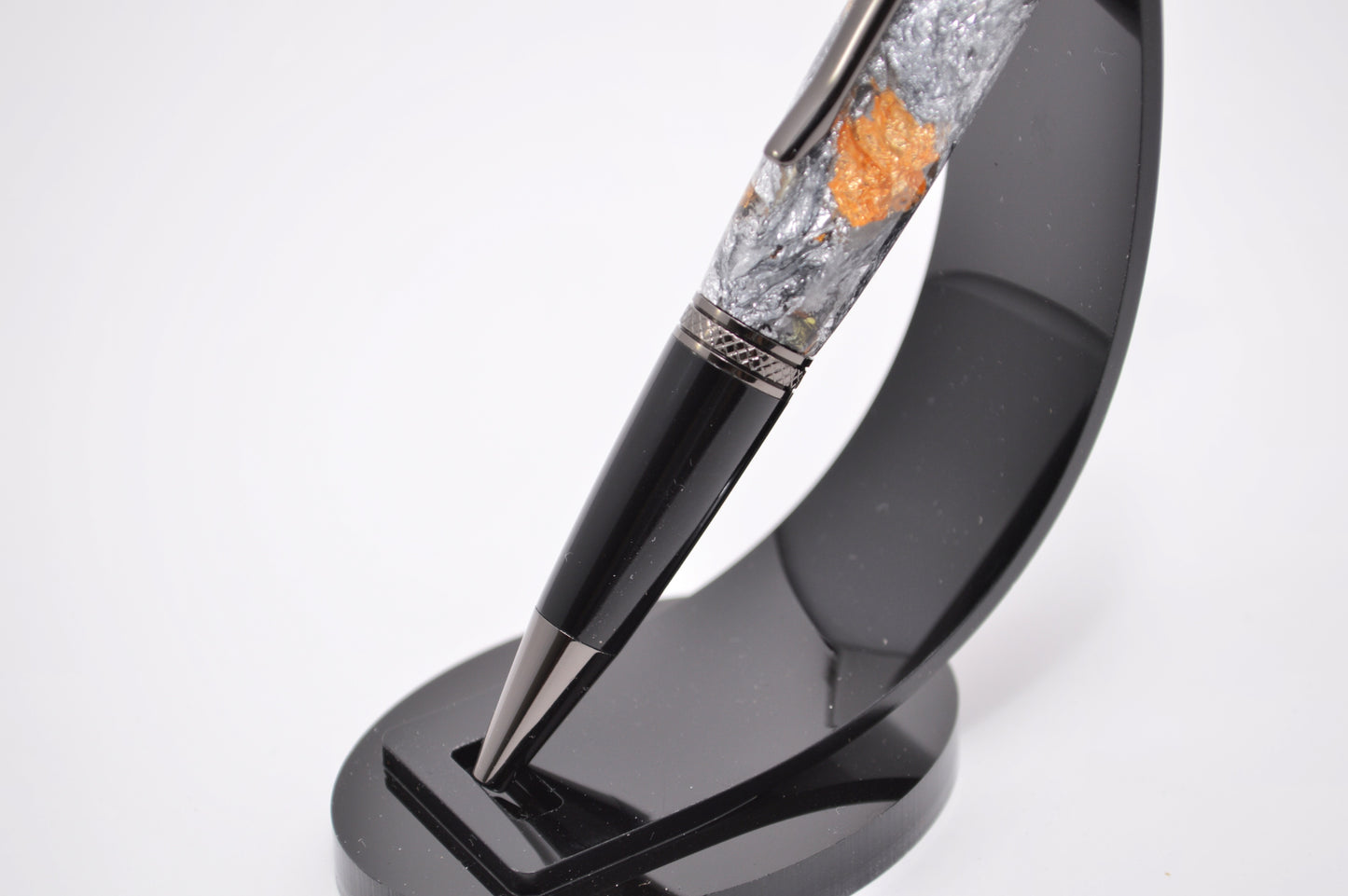 Elegant Satin Chrome and Chrome Twist Pen with Silver & Black Gilding Cast in Clear Acrylic