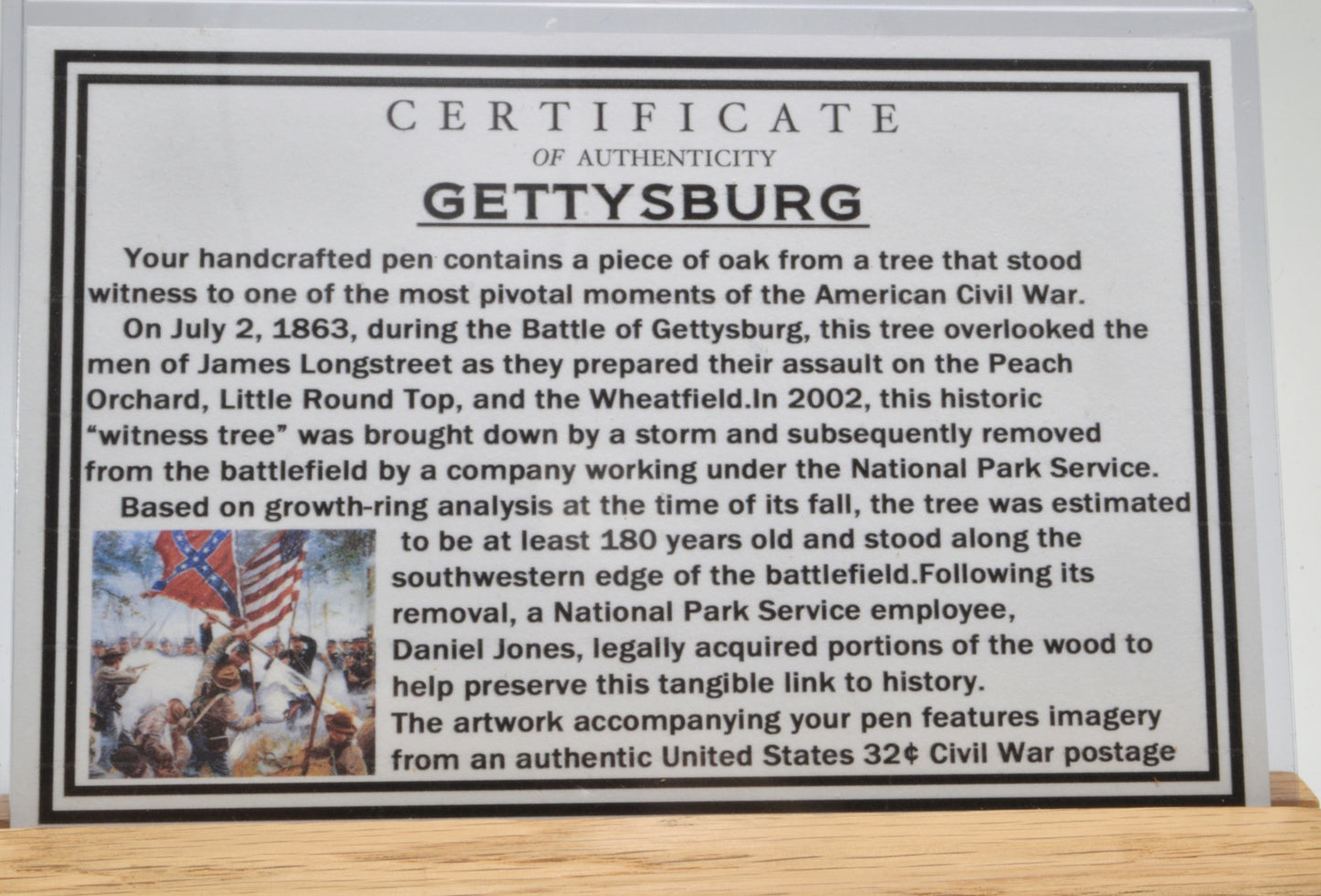 Handcrafted Gettysburg Twist Pen Made With a US Stamp Depicting The Battle of Gettysburg and Witness Wood in Gold and Black Chrome Finish